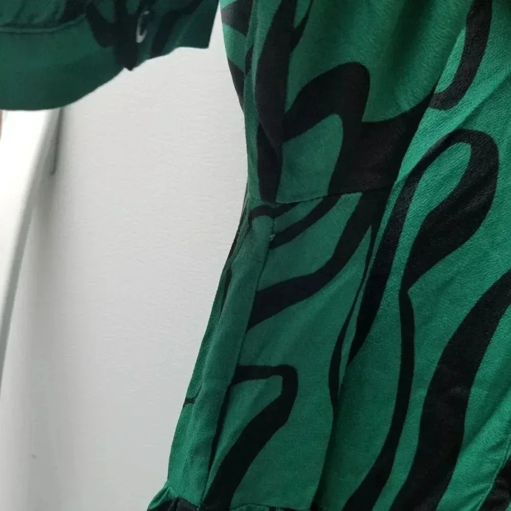 Zara Green Black Print Long Sleeve Midi Dress M - Picture 4 of 12